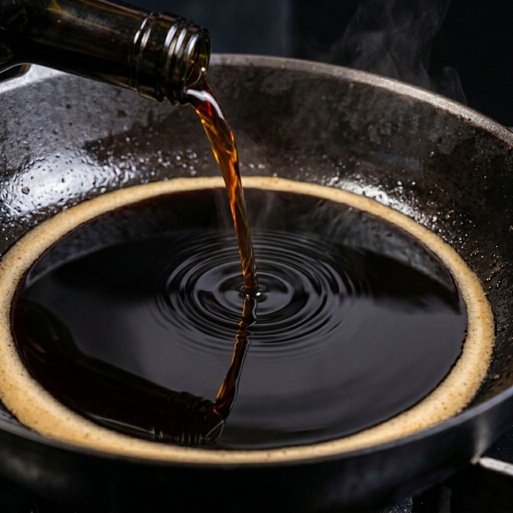 Eine dunkle Sauce wird aus einer Flasche in eine schwarze Pfanne gegossen und schlägt kleine Wellen in der bereits vorhandenen Flüssigkeit.