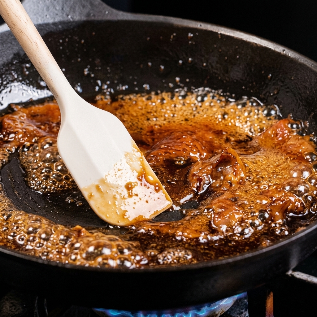 Eine dicke, blubbernde braune Sauce köchelt in einer schwarzen Pfanne und wird mit einem weißen Silikonspatel umgerührt.