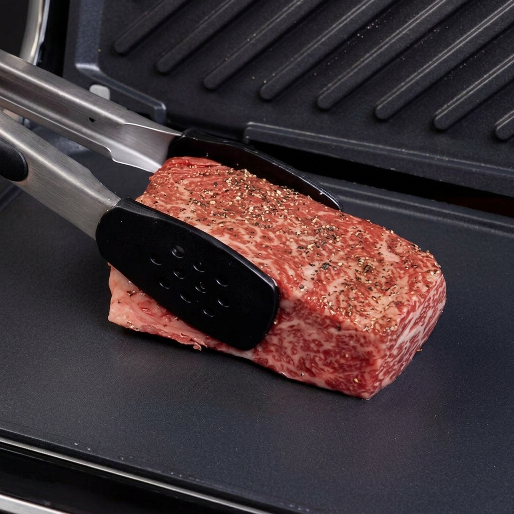 Ein dikes, mit schwarzem Pfeffer gewürztes Rindersteak wird mit einer Metallzange auf eine dunkelgraue elektrische Grillplatte gelegt.