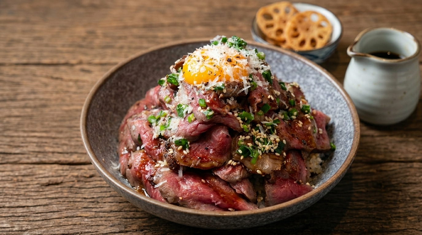 Ein prachtvolles Dry-Aged Beef Donburi mit kunstvoll auf Reis geschichteten, medium-rare gegarten Steakstreifen, gekrönt von einem leuchtenden Eigelb und geriebenem Käse.