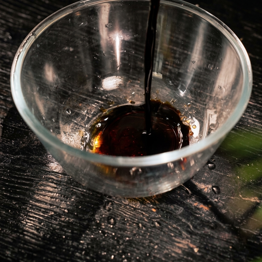 Dunkle Sojasauce wird in eine klare Glasschüssel auf einer dunklen Holzoberfläche gegossen.
