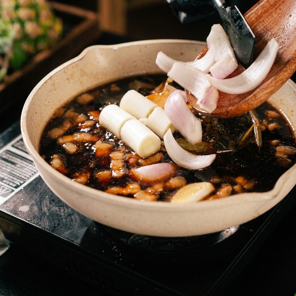 Frische Frühlingszwiebeln und rote Zwiebelspalten werden in eine Pfanne mit in dunkler Sauce köchelndem Schweinefleisch gegeben.