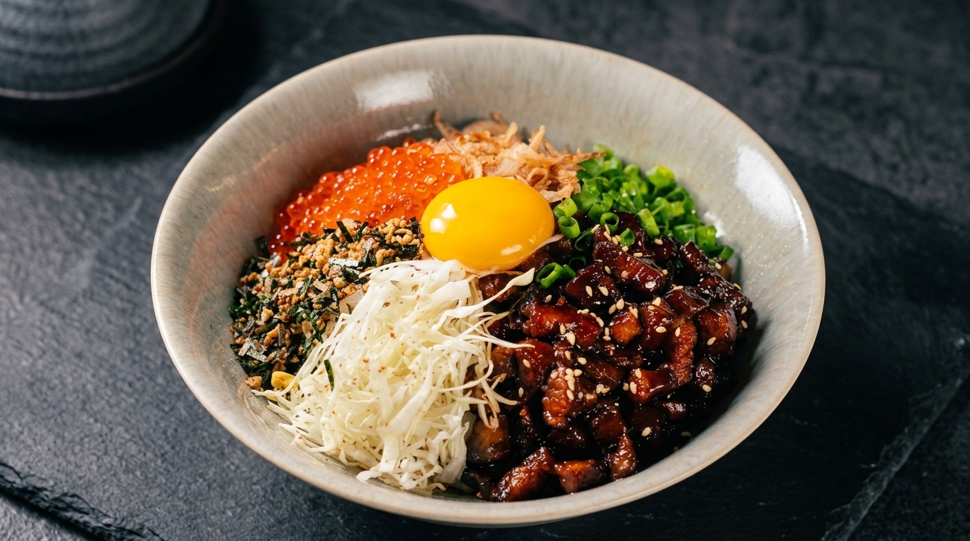 Black Gold Marinated Pork Donburi (Geschmorter Schweinebauch auf Reis)