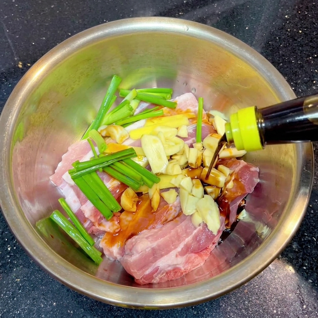 Dunkle Flüssigkeit wird aus einer Flasche mit gelbem Deckel über rohe Schweinebauchstreifen mit Frühlingszwiebeln und Ingwer gegossen.