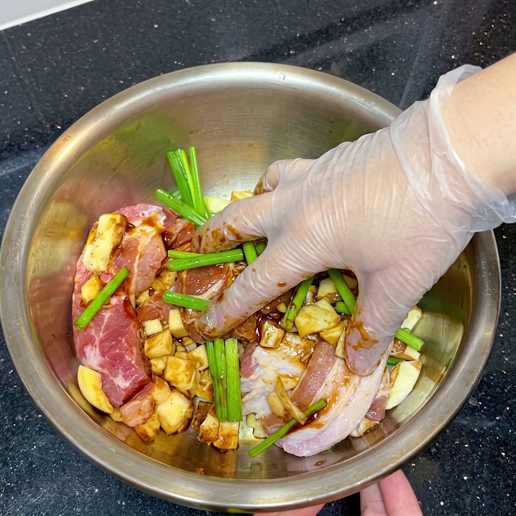 Eine Hand in einem transparenten Plastikhandschuh knetet Frühlingszwiebeln und marinierte Schweinebauchstreifen in einer Edelstahlschüssel.