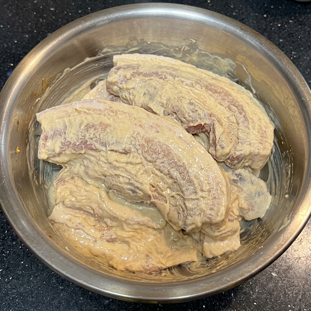 Schweinebauchstreifen, die vollständig von einem dicken, cremigen, hellen Teig in einer Metallschüssel umhüllt sind.