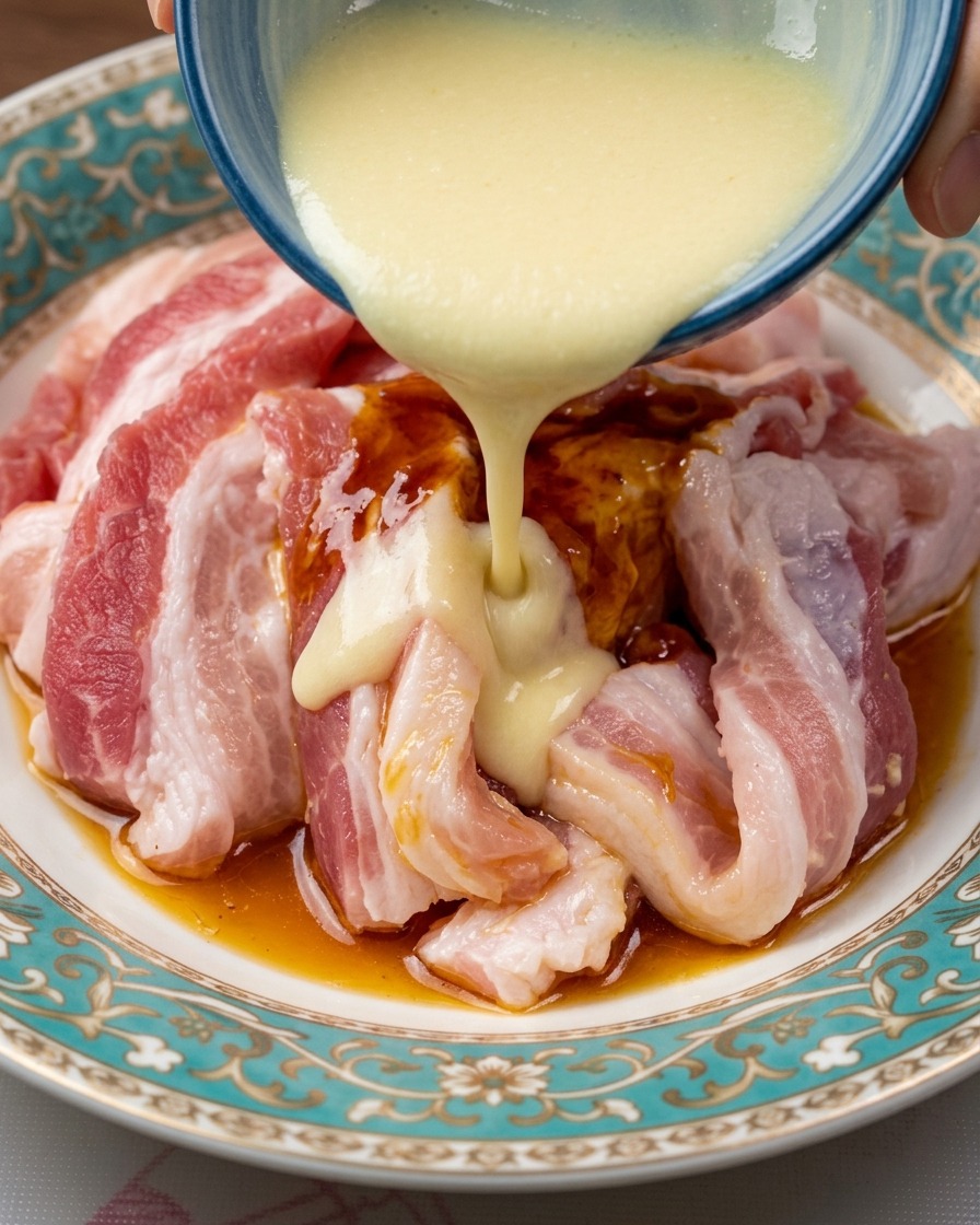 Cremig weiße Knoblauchflüssigkeit wird aus einer blauen Schüssel über die marinierten Schweinebauchscheiben gegossen.