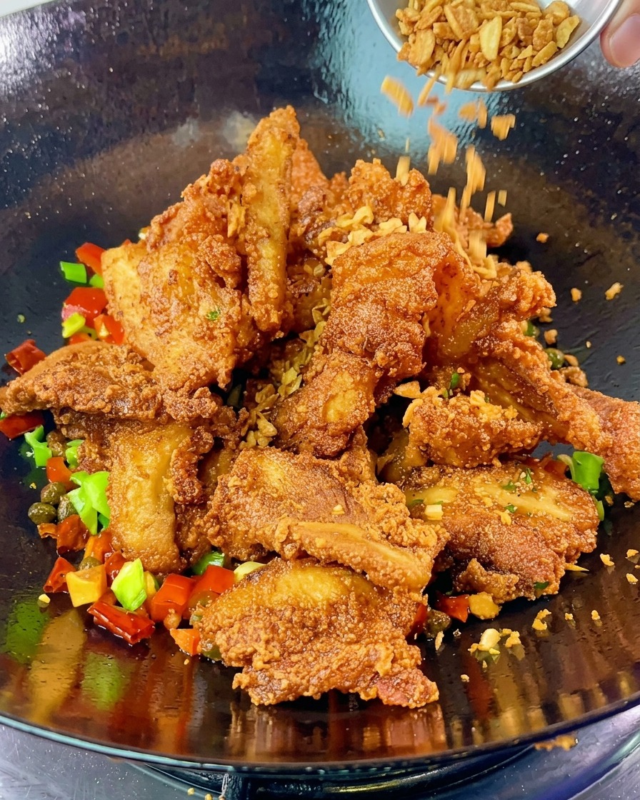 Knusprig frittierter Knoblauch wird über einen Berg goldener Schweinebauchscheiben in einem Wok mit sautierten Chilis und Paprika gestreut.