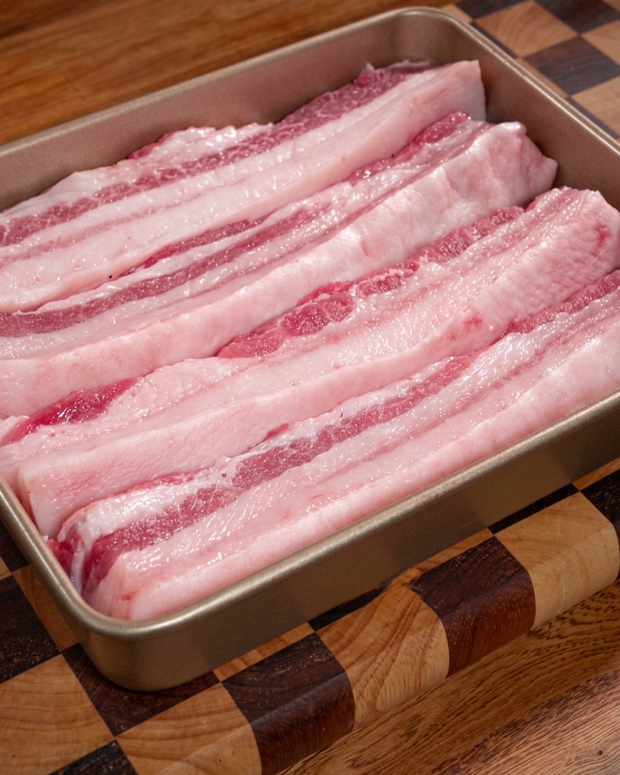 Mehrere lange, rohe Schweinebauchstreifen mit deutlich erkennbaren, abwechselnden Schichten aus Fleisch und Fett, ordentlich angerichtet in einer goldenen Metallschale auf einer Holzoberfläche.