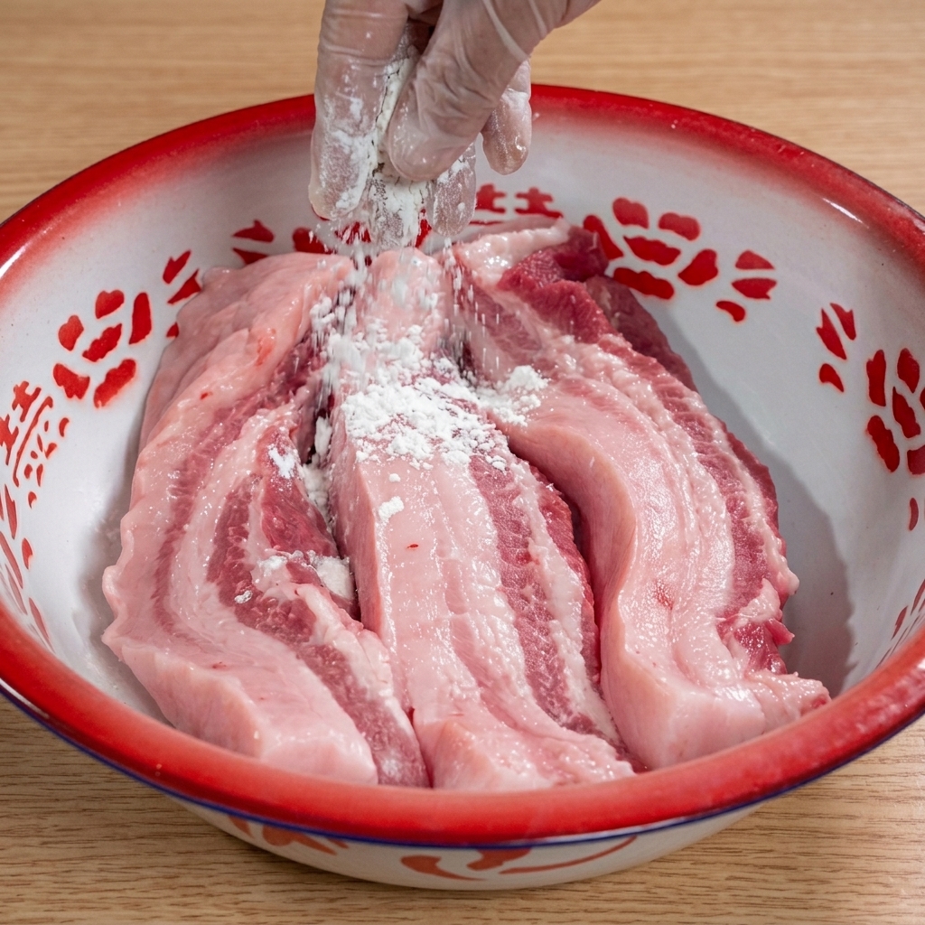 Eine Hand in einem durchsichtigen Handschuh streut weißes Mehl über rohe Schweinebauchstreifen in einer rot umrandeten Emailleschüssel.