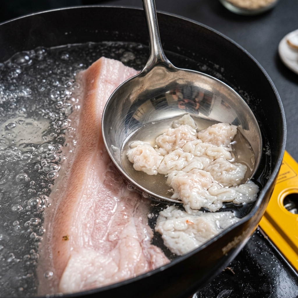 Eine große Schöpfkelle schöpft dicken weißen Schaum und Trübstoffe von der Oberfläche des kochenden Wassers mit dem Schweinebauch ab.