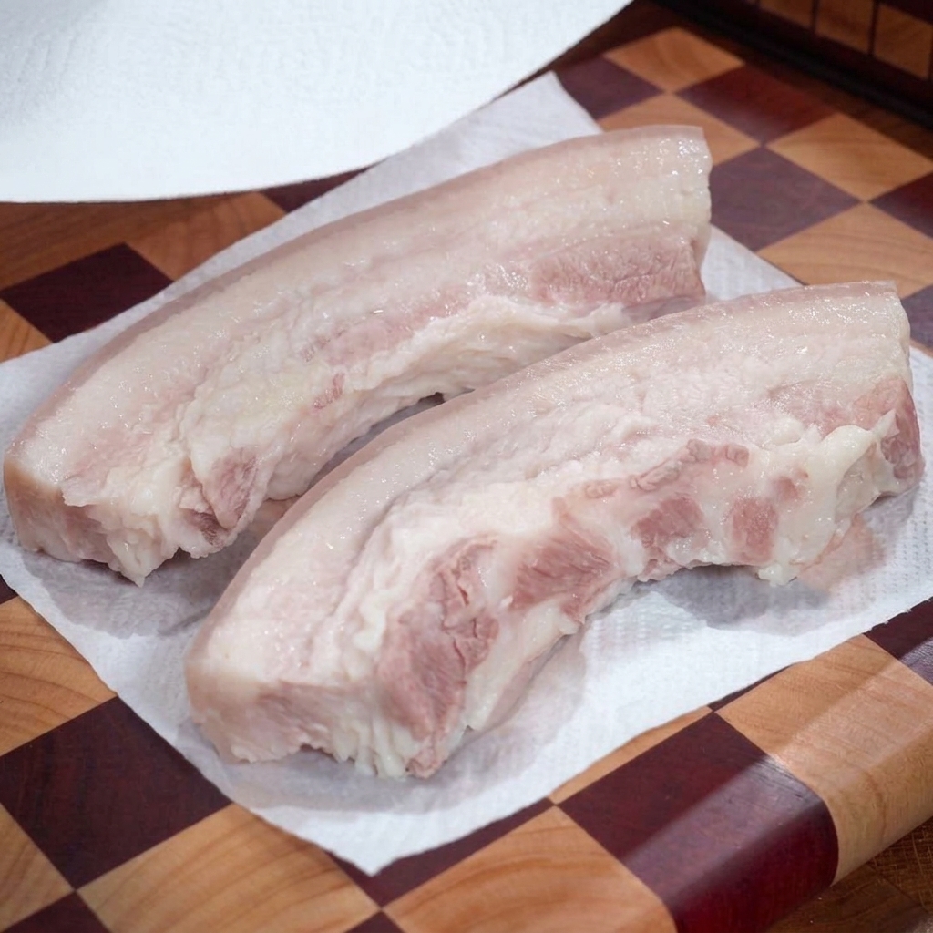 Zwei gekochte Schweinebauchstreifen liegen auf einem Küchentuch auf einem karierten Schneidebrett und werden trocken getupft.