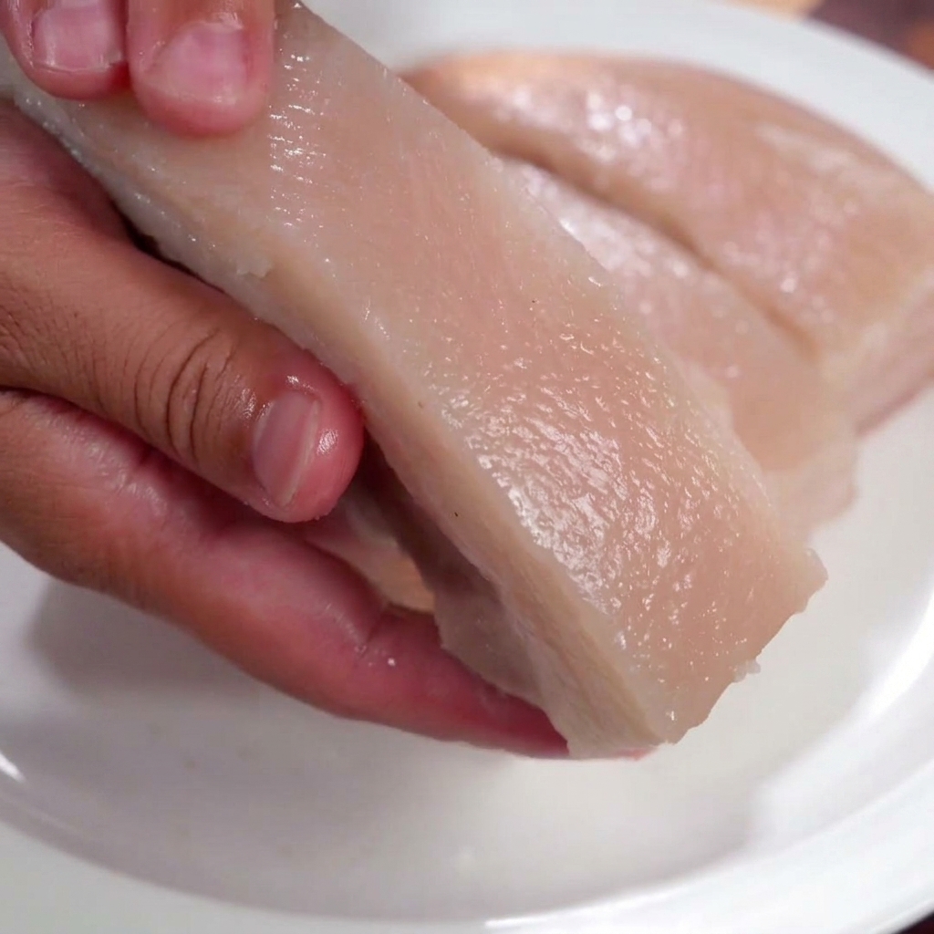 Nahaufnahme einer Hand, die ein Stück gekochten Schweinebauch hält, Salz auf die Schwarte reibt und hellen Essig aufträgt.