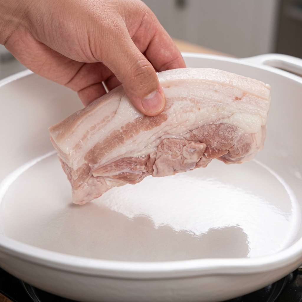 Eine Hand legt einen dicken Streifen vorbereiteten Schweinebauch in eine saubere, weiß beschichtete Pfanne ohne zusätzliches Öl.