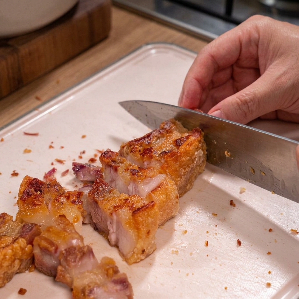 Eine Hand schneidet mit einem scharfen Messer perfekt goldbraunen und knusprigen Schweinebauch in mundgerechte Stücke auf einem weißen Schneidebrett.