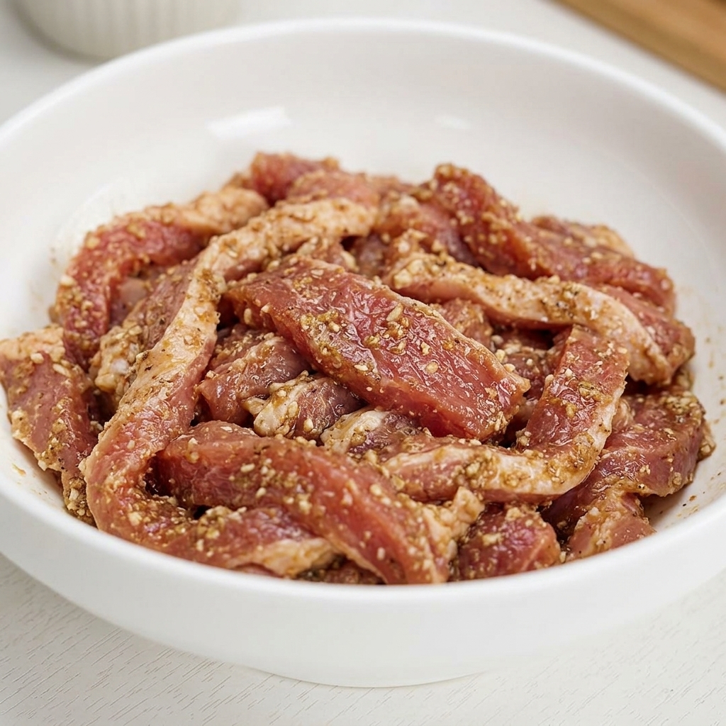 Marinierte rohe Schweinefleischstreifen, die gleichmäßig mit einer dicken, klebrigen Schicht aus Süßkartoffelmehl und Gewürzen überzogen sind.