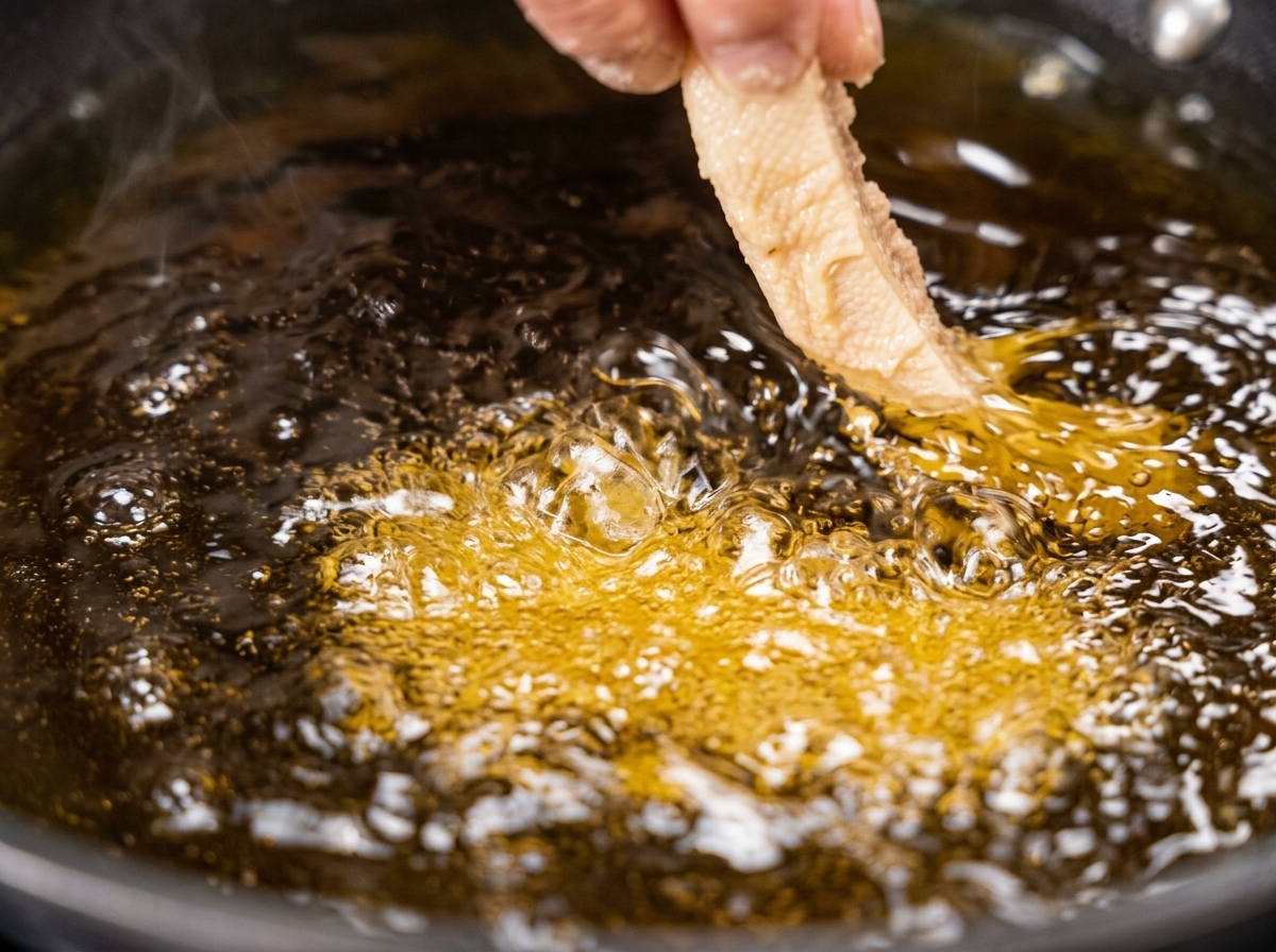 Finger lassen vorsichtig einen Streifen des panierten rohen Schweinefleischs in eine Pfanne mit heißem, sprudelndem Frittieröl gleiten.