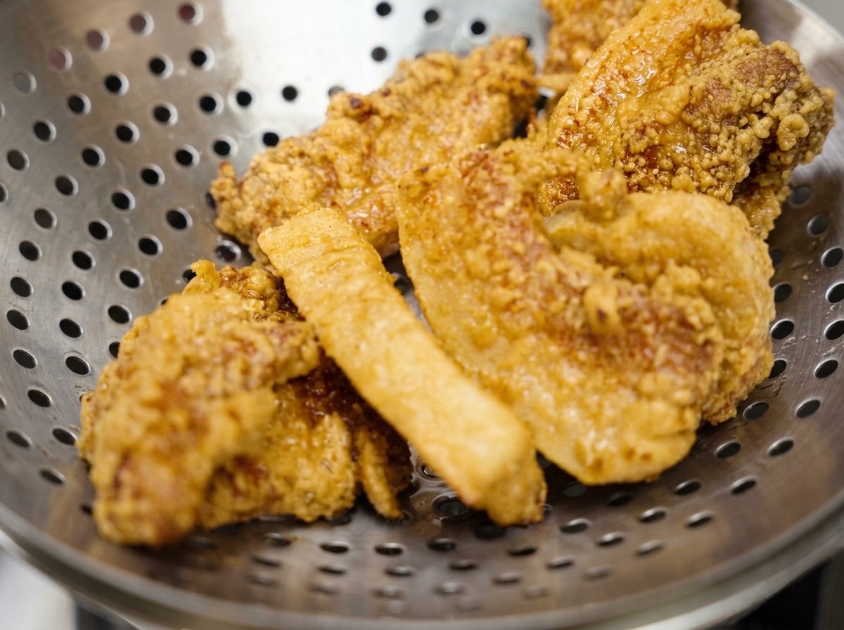 Ein Schaumlöffel hält mehrere frisch frittierte, goldbraune Schweinebauchstücke zum Abtropfen über der Pfanne mit Öl.