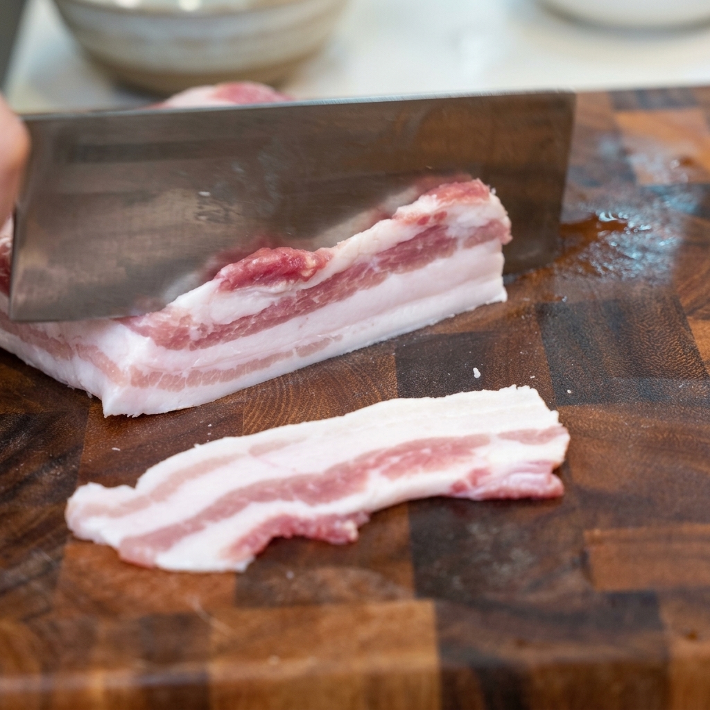 Ein scharfes Messer schneidet auf einem dunklen Holzbrett durch ein Stück rohen Schweinebauch, eine dicke Scheibe liegt im Vordergrund.
