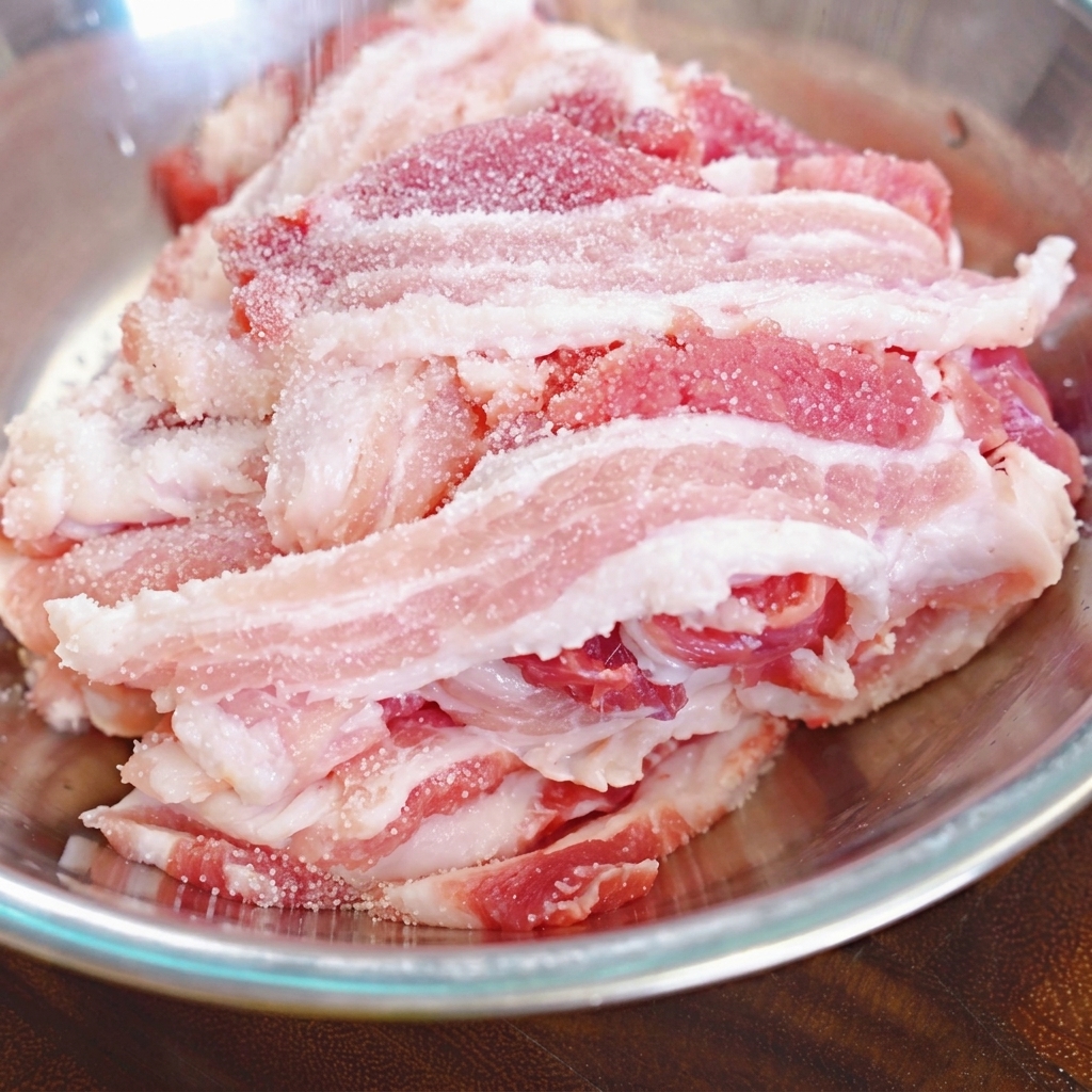 Feines Salz wird in einer Edelstahlschüssel über rohe Schweinebauchscheiben gestreut.