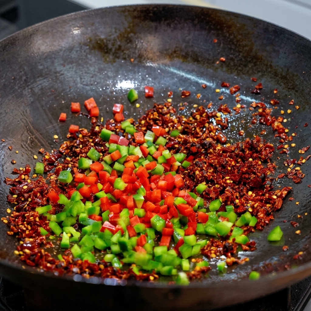Bunte, gewürfelte rote und grüne Chilis werden mit getrockneten Chilis und schwarzen Bohnen in einem dunklen Wok angebraten.