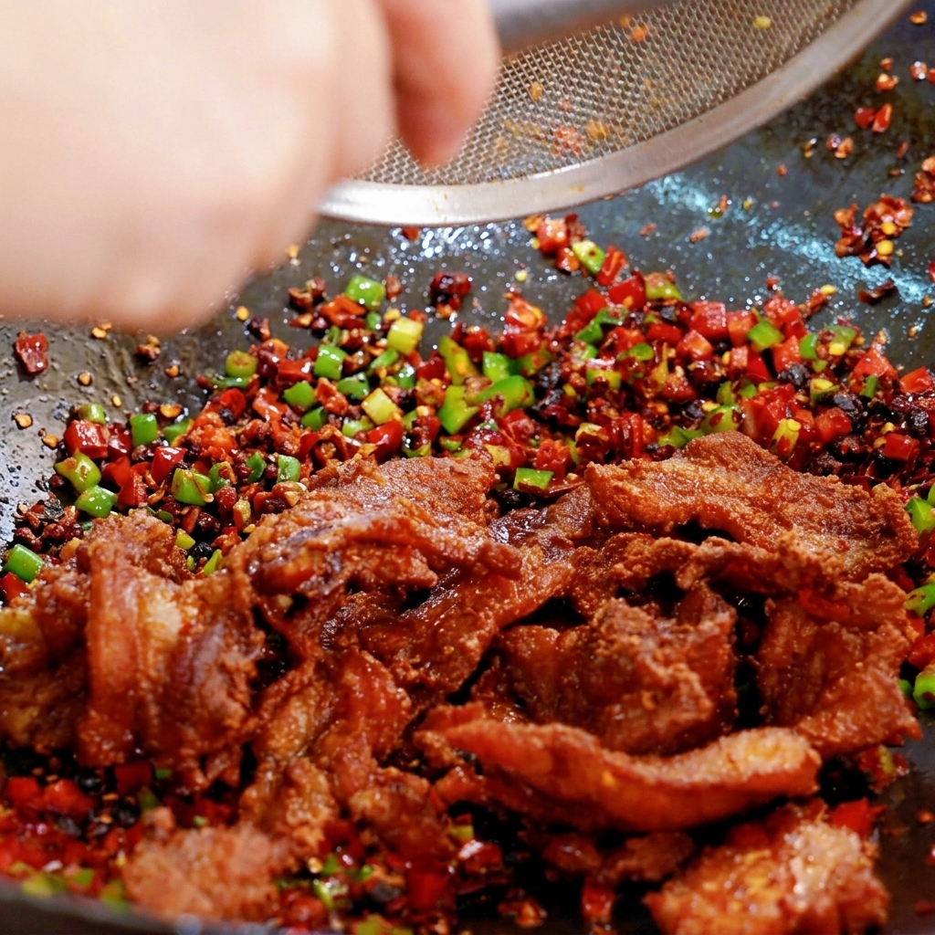 Knusprige Schweinebauchscheiben werden aus einem Sieb in einen Wok mit gebratenen Chilis und Gewürzen gegeben.