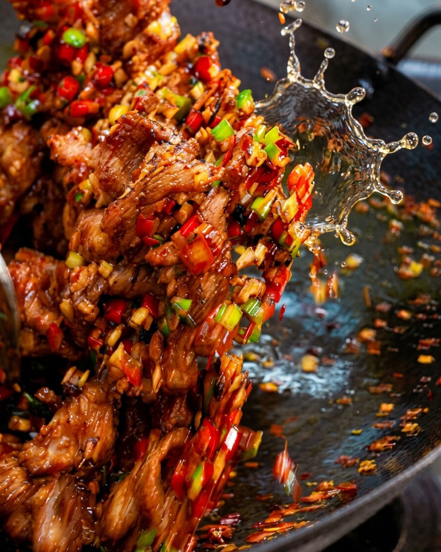 Schweinebauchscheiben und bunte Chilis werden bei starker Flamme schwungvoll im Wok geschwenkt, Öltropfen spritzen.