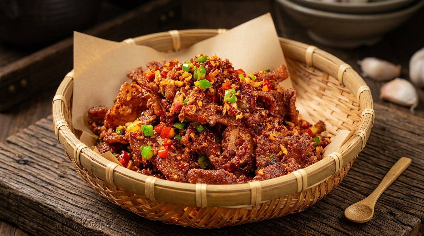 Knuspriger Schweinebauch mit scharfem Knoblauch (Suan Xiang La Rou)