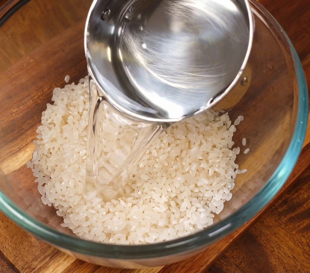 Klares Wasser wird aus einem Messbecher zu dem gewaschenen weißen Reis in eine Glasschüssel gegossen.