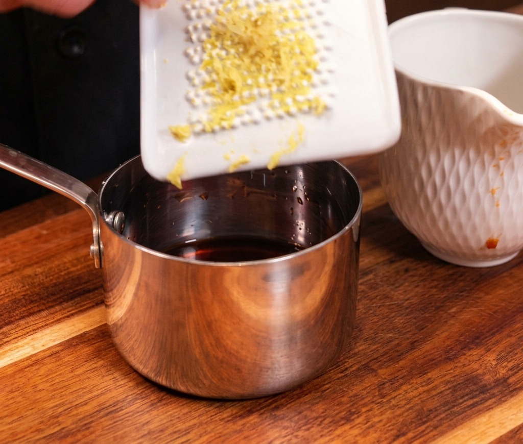 Frisch geriebener gelber Ingwer wird von einer Reibe in das Gefäß mit der dunklen Sauce gegeben.