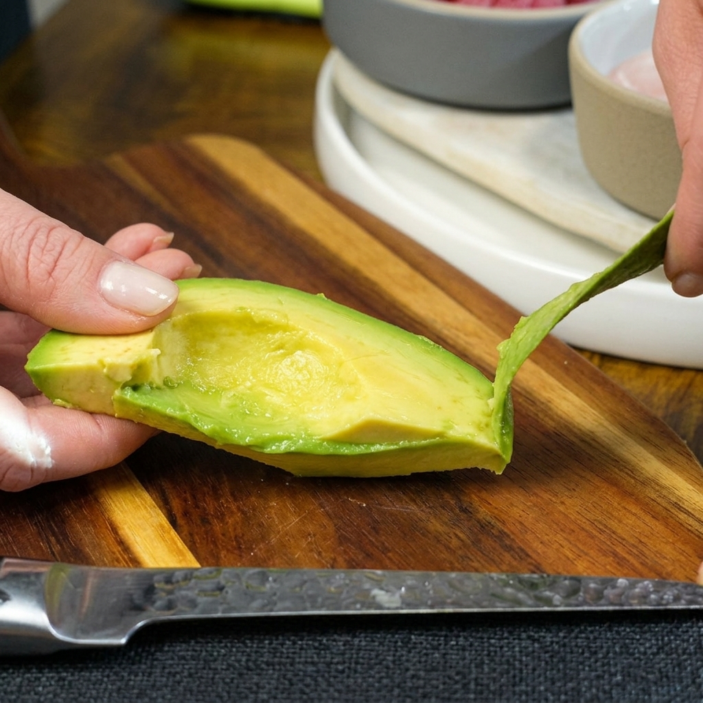 Zwei Hände schälen vorsichtig die grüne Haut von einer halbierten Avocado auf einem Holzbrett ab.