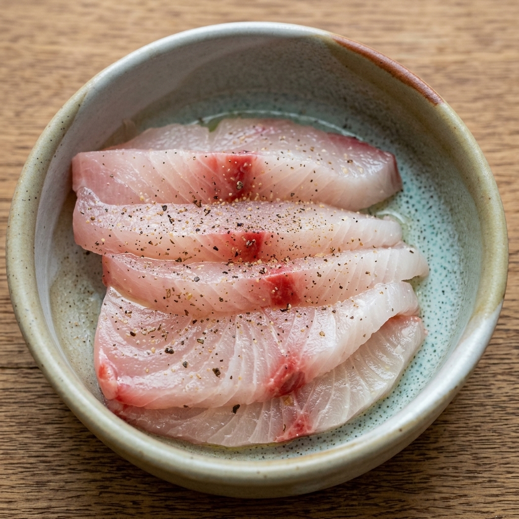 Rohe, helle Kingfish-Scheiben liegen in einer Schale und sind mit Pfeffer, Zitronensaft und etwas Öl beträufelt.