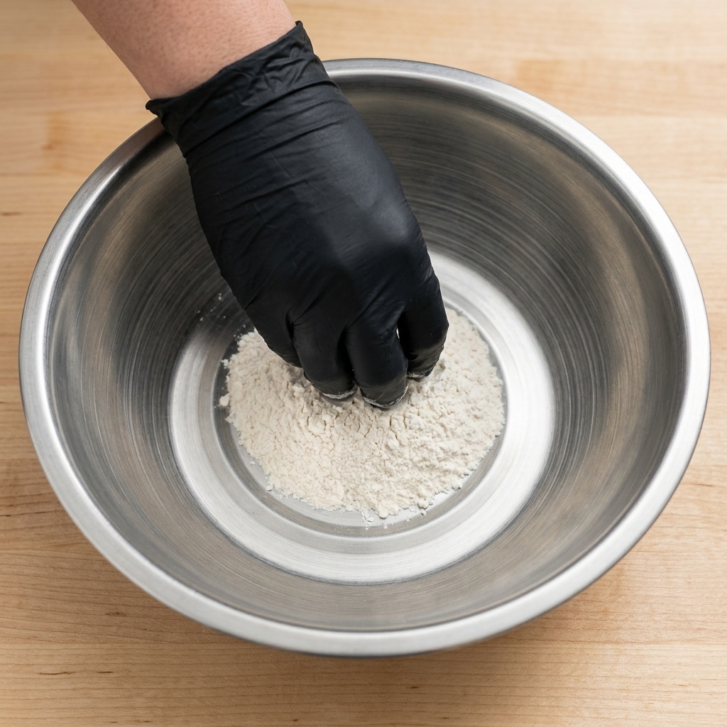 Eine Hand in einem schwarzen Handschuh wäscht weißen Rundkornreis in einer Edelstahlschüssel zu Beginn des Waschvorgangs.
