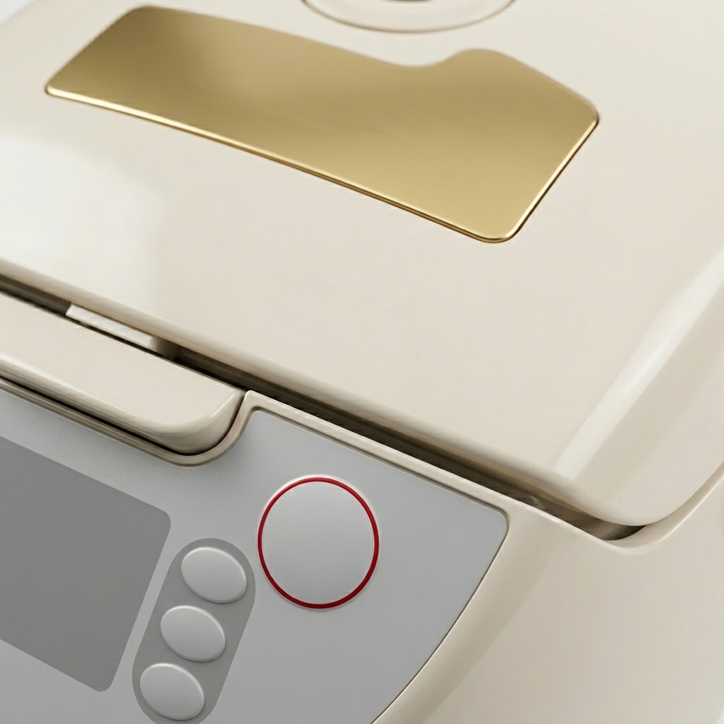 Eine Nahaufnahme einer Person, die die Starttaste an einem modernen, cremefarbenen und goldfarbenen elektrischen Reiskocher drückt.