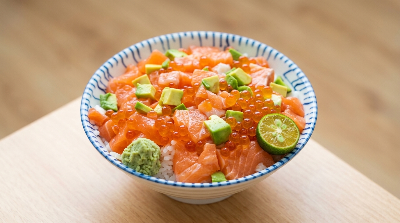 Lachs-Oyakodon (Reisschale mit Lachs und Ikura)