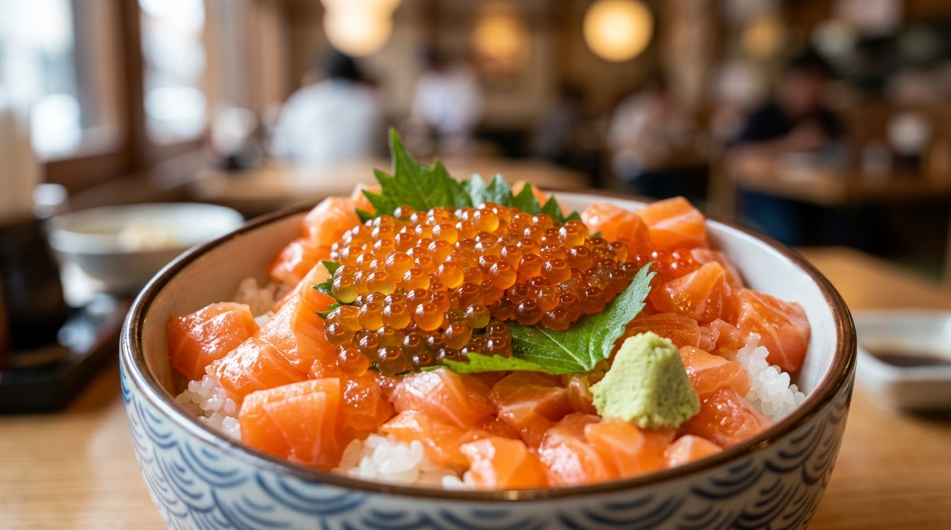 Traditionelle Sake Oyako Don (Reisschale mit Lachs und Lachsrogen)