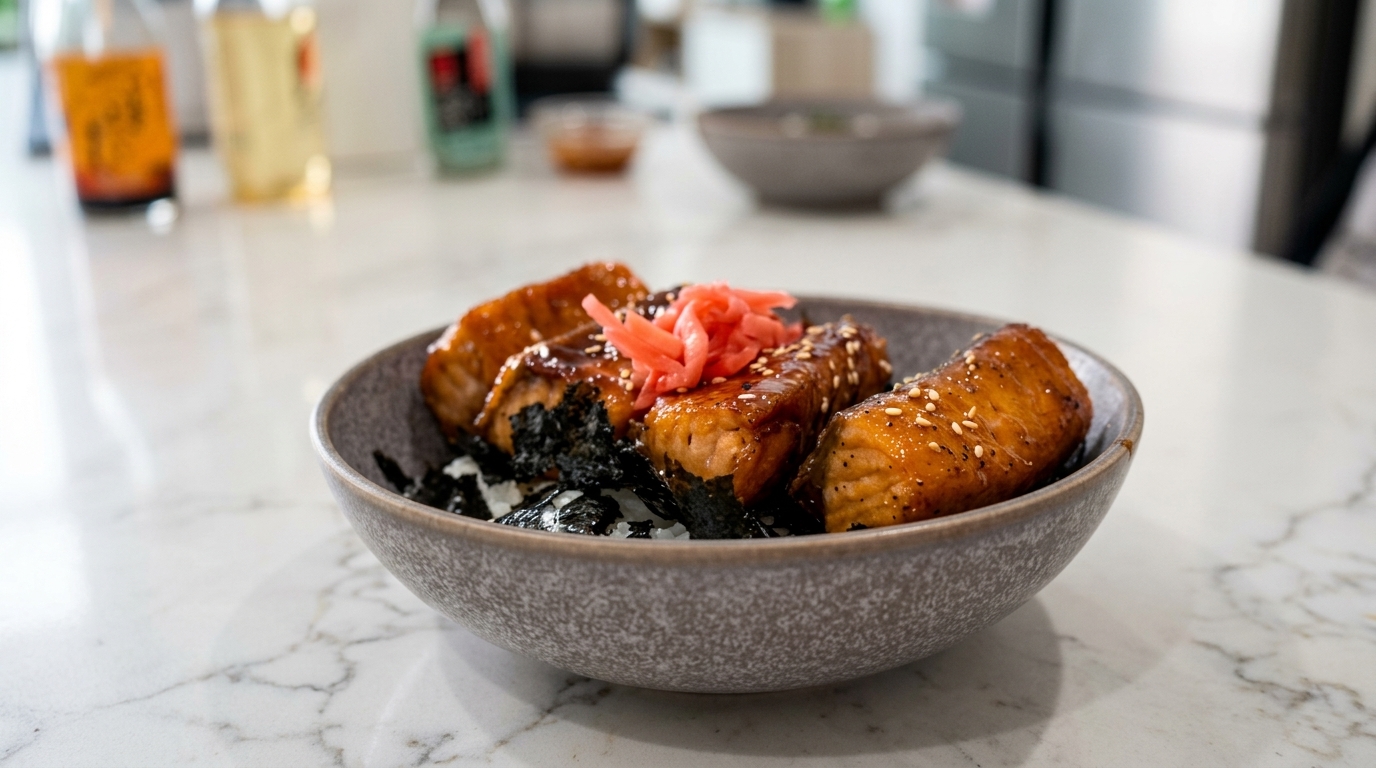 Japanisches Lachs Kabayaki Don (Glasierte Lachs-Reis-Bowl)