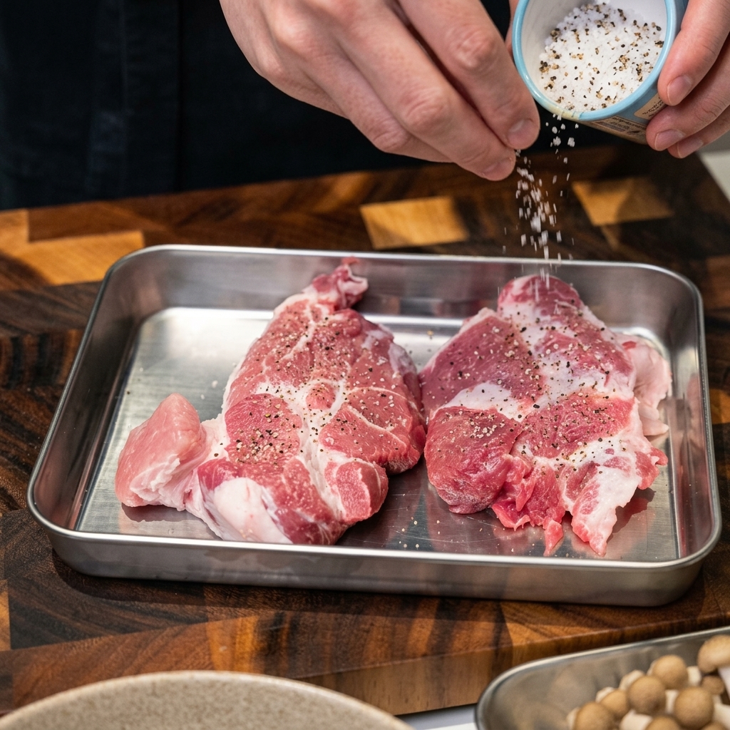 Hände streuen gleichmäßig Salz und Pfeffer aus einem kleinen blauen Gefäß auf rohe Schweinenackensteaks in einer Metallschale.