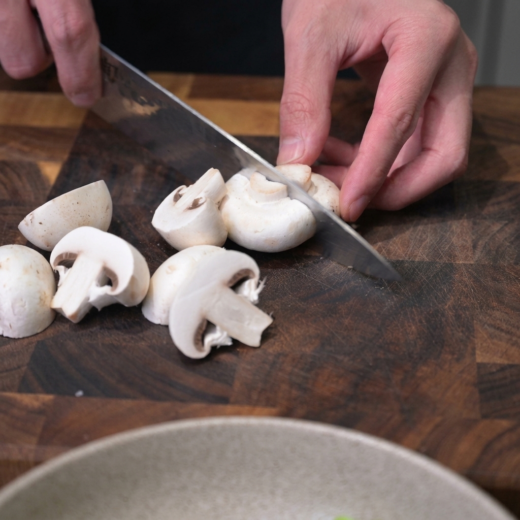 Nahaufnahme eines Kochs, der frische weiße Champignons mit einem Kochmesser auf einem dunklen Holzschneidebrett in dicke Scheiben schneidet.