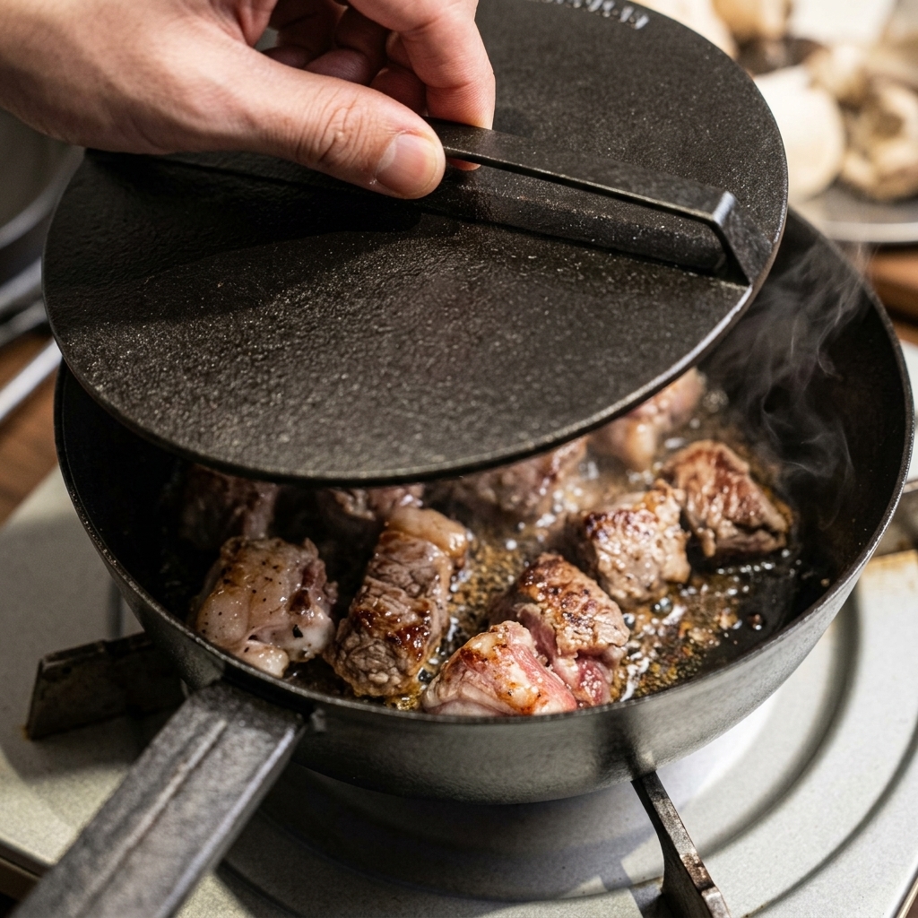 Eine Hand drückt das Fleisch in der Pfanne mit einer schweren Grillpresse aus Gusseisen nach unten, während Dampf aufsteigt.