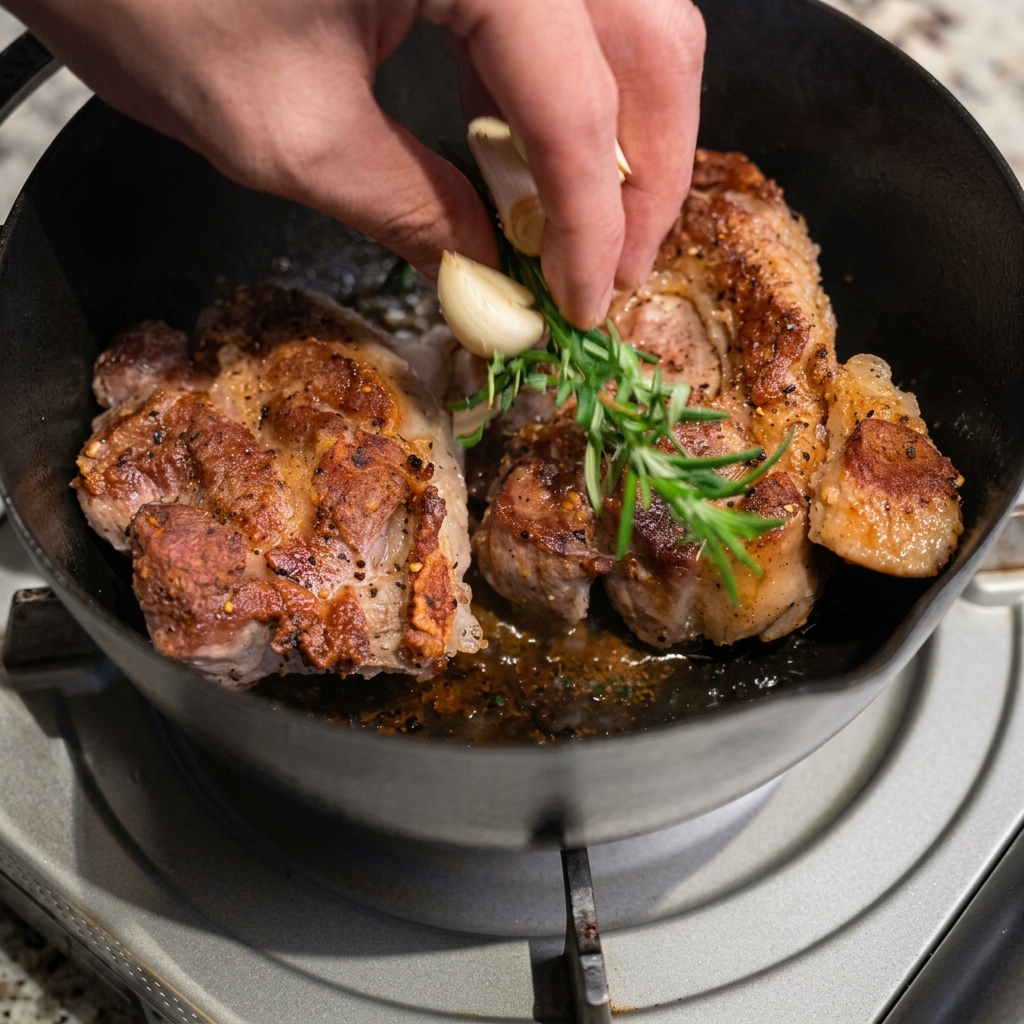 Eine Hand gibt frische Rosmarinzweige und Knoblauchzehen neben die angebratenen Steaks in eine heiße schwarze Pfanne.