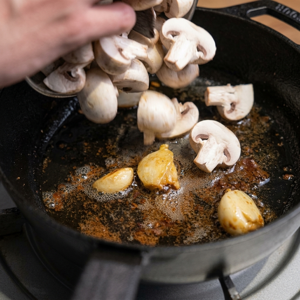 Frisch geschnittene weiße Pilze werden aus einer Schale direkt in eine heiße gusseiserne Pfanne mit Knoblauchzehen und Bratensaft geschüttet.