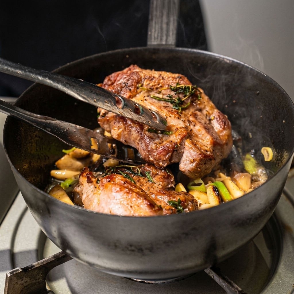 Nahaufnahme einer Grillzange, die ein angebratenes Steak zurück in die Pfanne zu den Pilzen und dem Lauch legt.