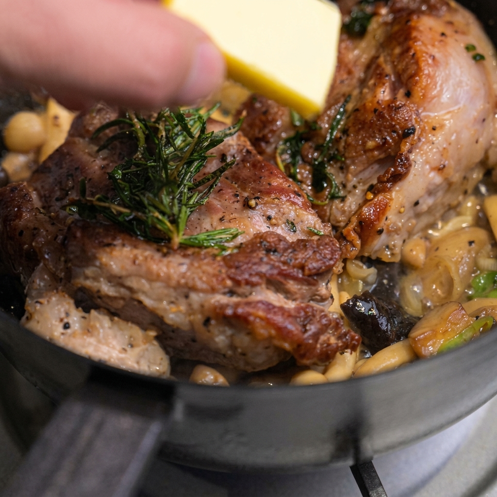 Ein Stück gelbe Butter wird in der Pfanne auf die angebratenen Steaks mit frischem Rosmarin gelegt.
