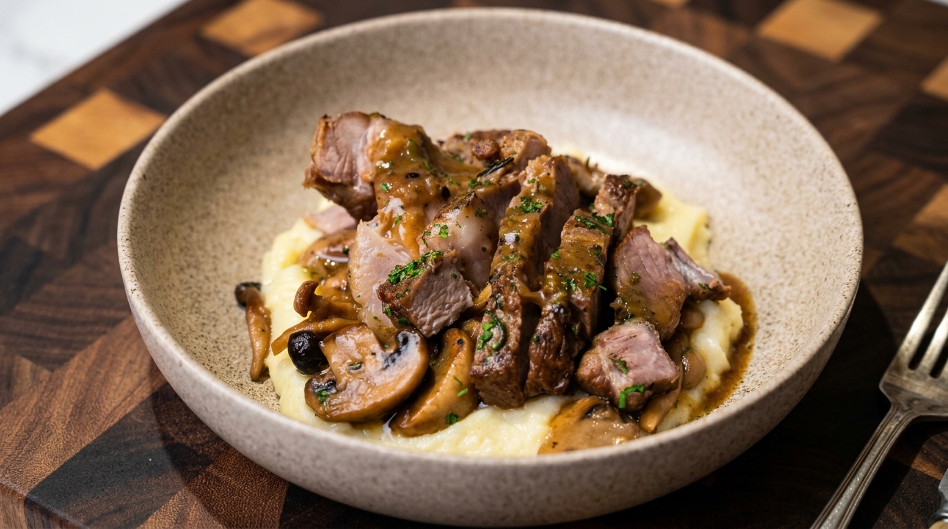 Zarte Schweinenackensteaks in Butter-Pilz-Sauce mit Kartoffelpüree