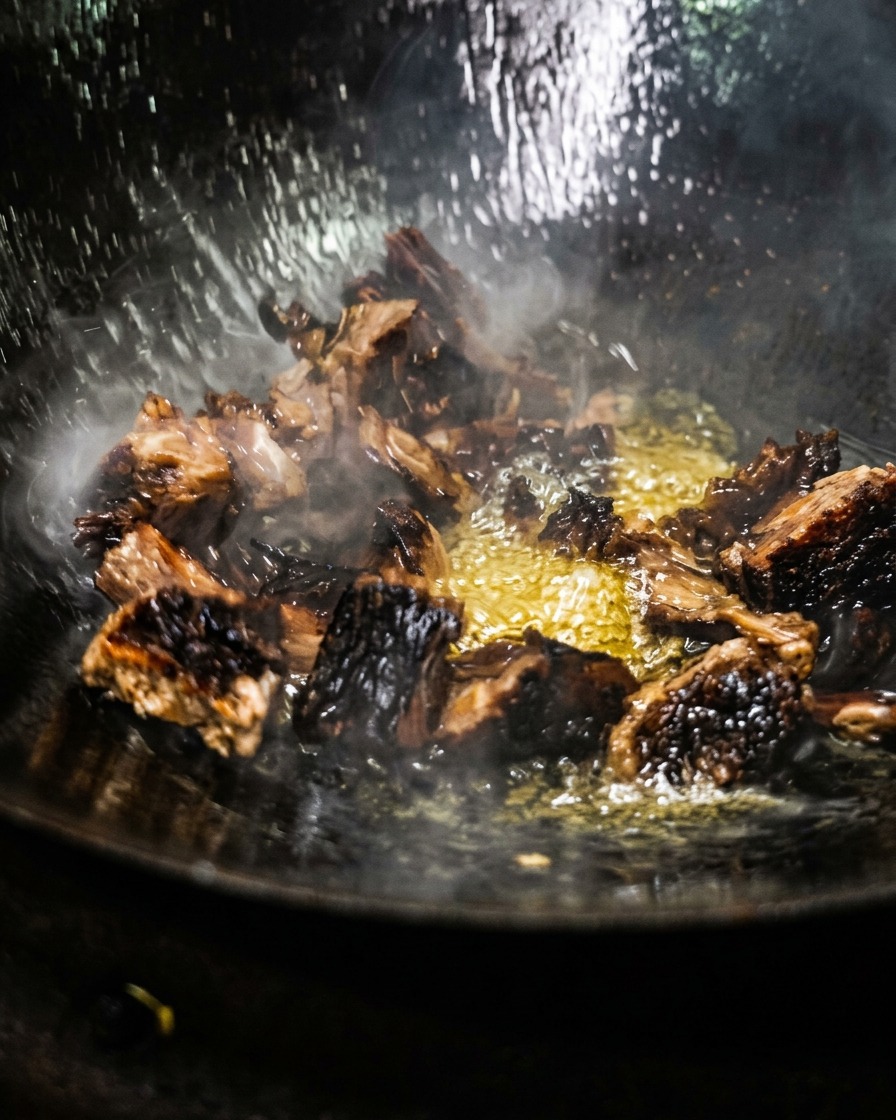 Große Stücke gepökelter Rippchen brutzeln beim Pfannenrühren in einem geölten Wok mit aromatischen fermentierten schwarzen Bohnen und aufsteigendem Dampf.