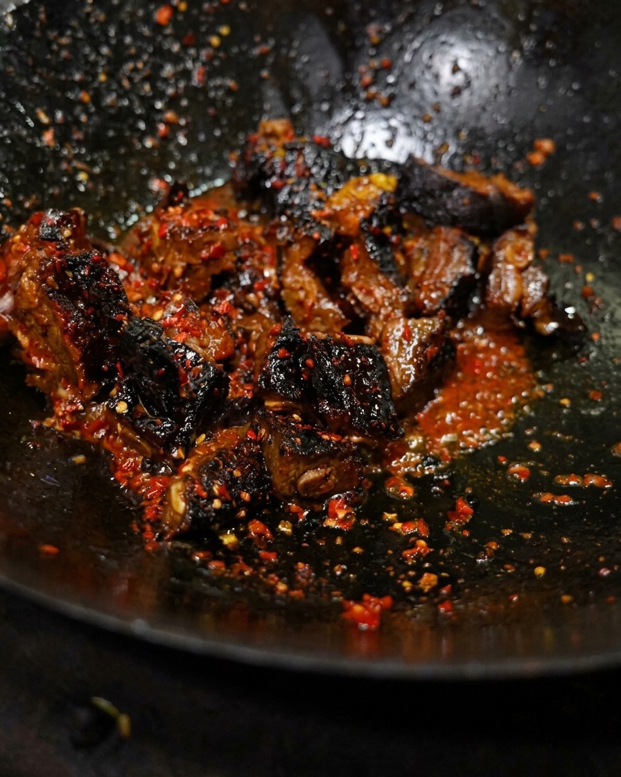 Gepökelte Rippchen kochen in einem Wok, überzogen mit roten Chiliflocken und einer dunklen, herzhaften Sauce.
