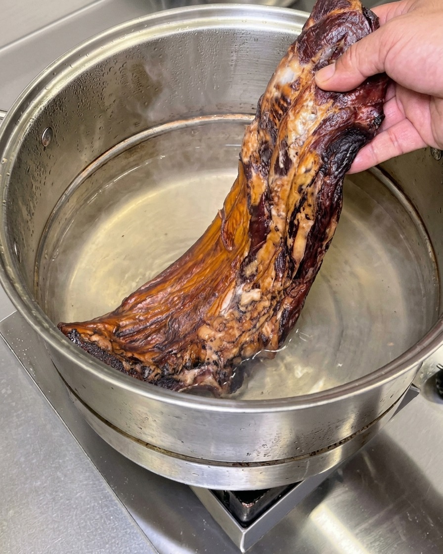 Eine Hand legt eine ganze Seite dunkler, geräucherter und gepökelter Schweinerippchen in einen großen Edelstahltopf mit kaltem Wasser.