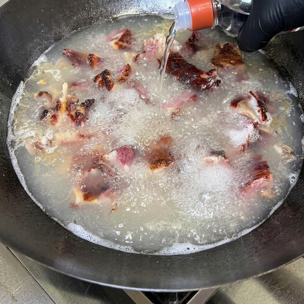 Geschnittene gepökelte Schweinerippchen kochen in einem Wok mit Wasser, während klarer, hochprozentiger Alkohol aus einer Flasche in die sprudelnde Mischung gegossen wird.