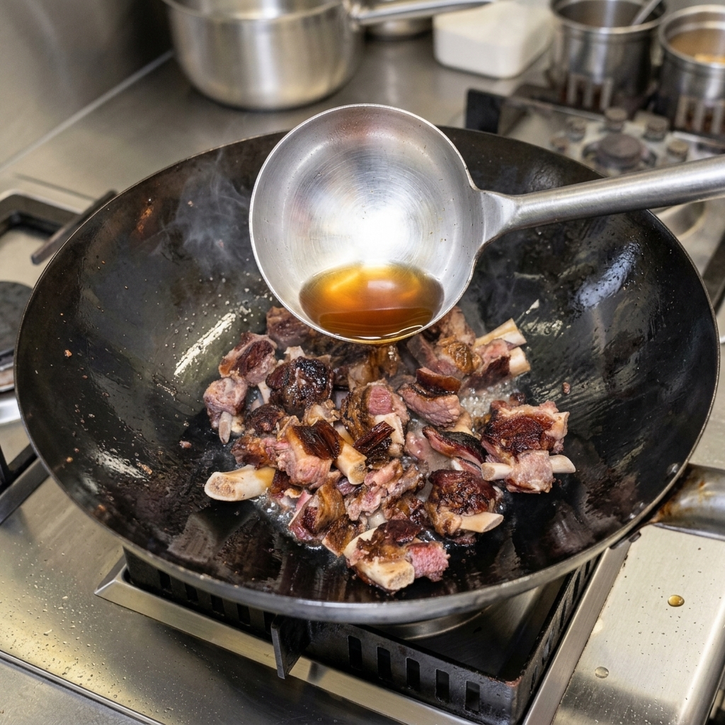 Eine Schöpfkelle gießt dunkle Sojasauce über angebratene gepökelte Schweinerippchen in einem Wok, um für eine tiefere Farbe und herzhafte Reichhaltigkeit zu sorgen.
